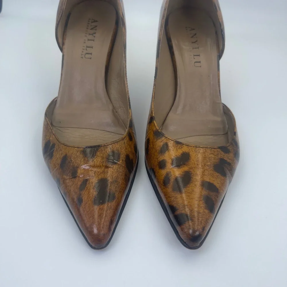 Anyi Lu Leopard Print Pumps Womens 39 Brown Good Leather‎ d'Orsay Pointed Toe